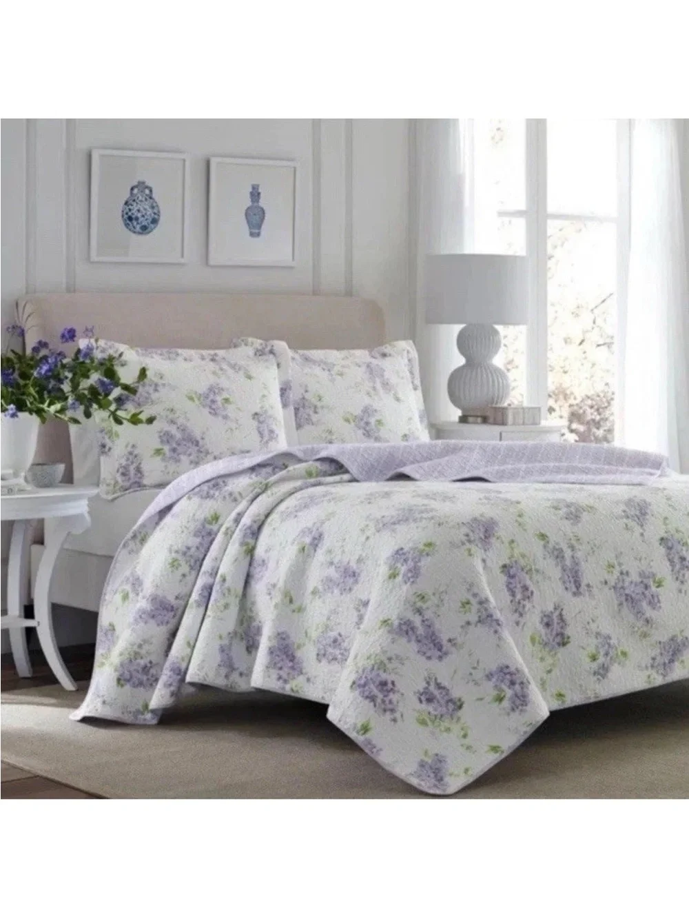 Laura Ashley Keighley Full/Queen Purple Floral Reversible 3 Pc Quilt Set NWT